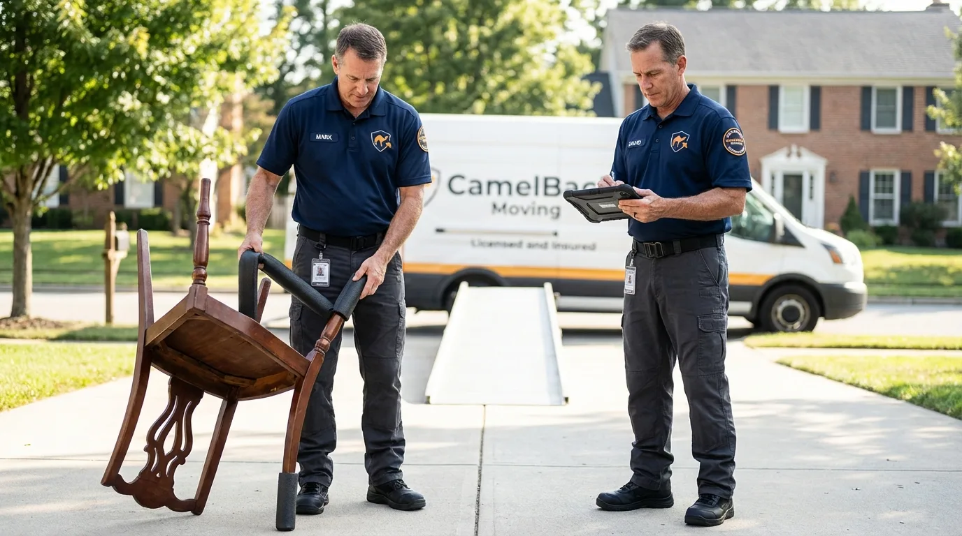 Movers inspecting furniture for damage prevention before loading in Williamston, NC
